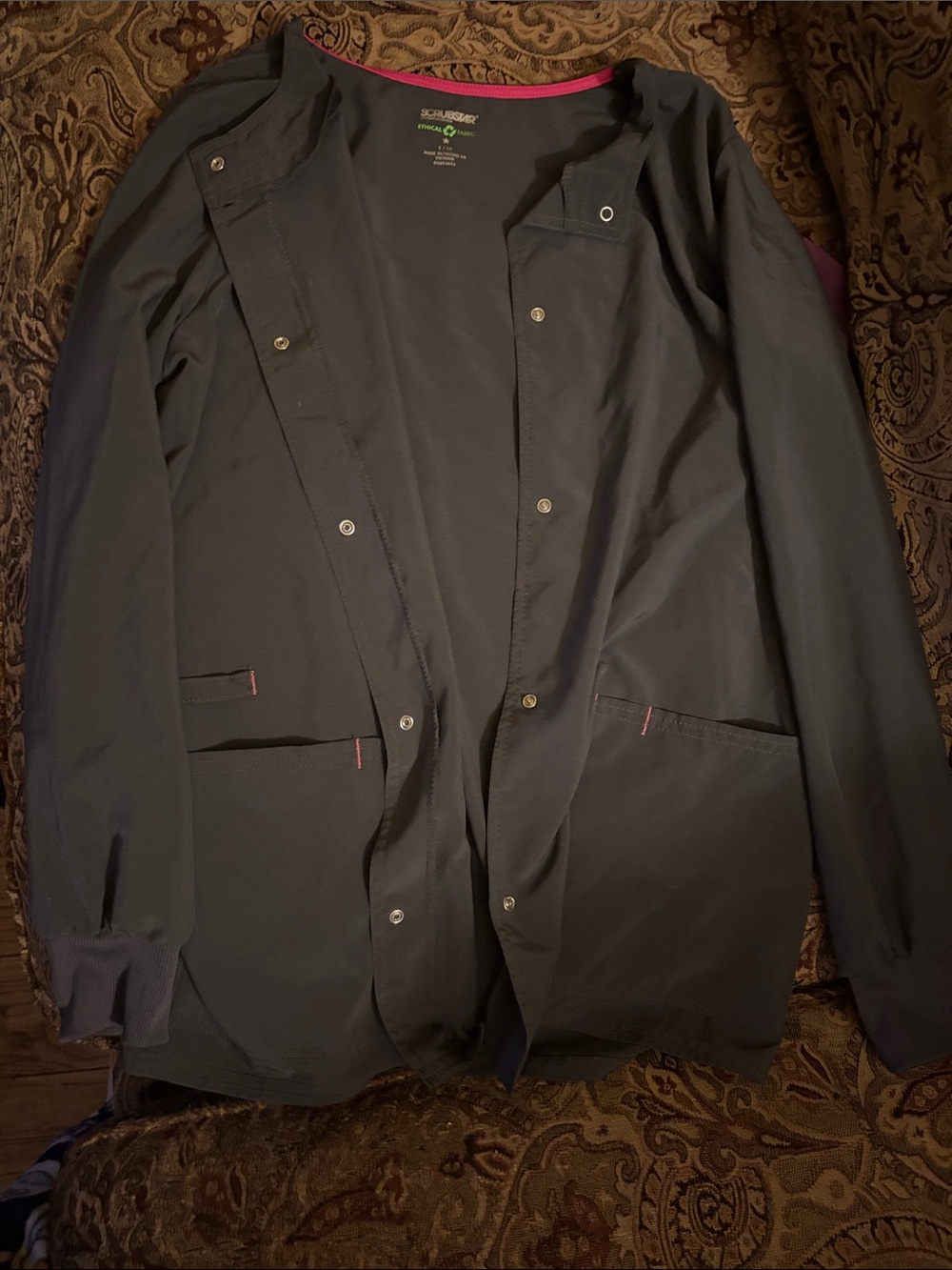 Scrubstar Dark Gray Women's Snap-Front Lightweight Scrub Jacket with Pink Trim